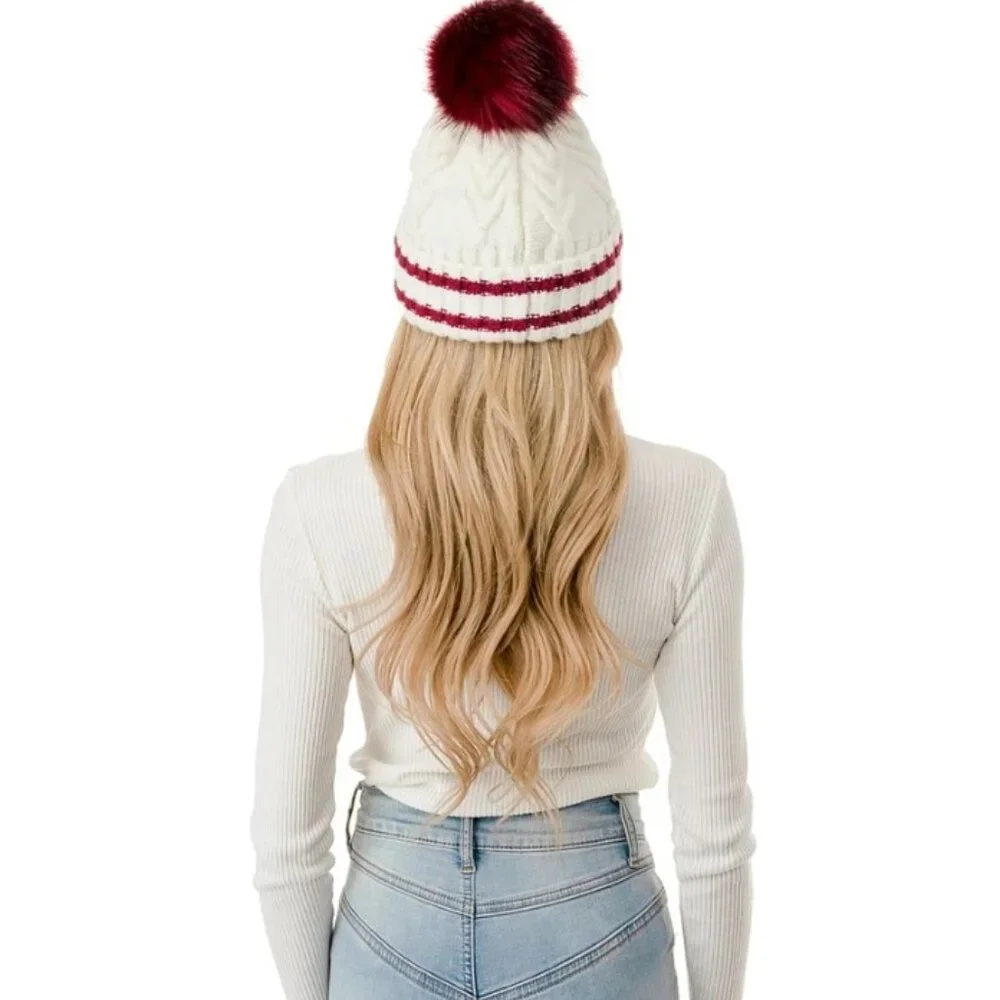 ๐ฅMarcus Adler Cozy & Stylish Knit Pom Varsity Beanie White w/ Burgundy Pom NWT - Picture 2 of 4